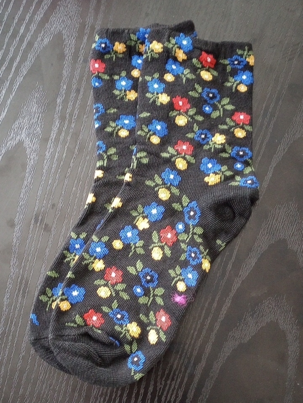 Black Floral Crew Socks Black with Blue, Red & Yellow Flowers